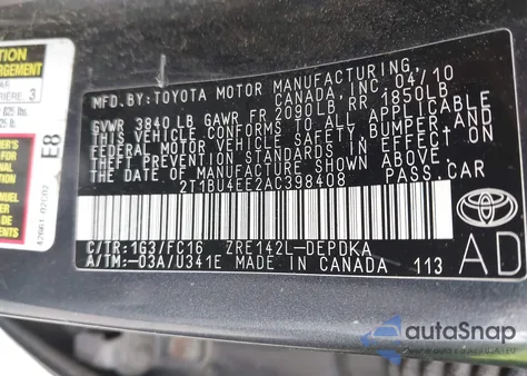 2010 Toyota Corolla Le from USA, damaged, VIN 2T1BU4EE2AC398408
